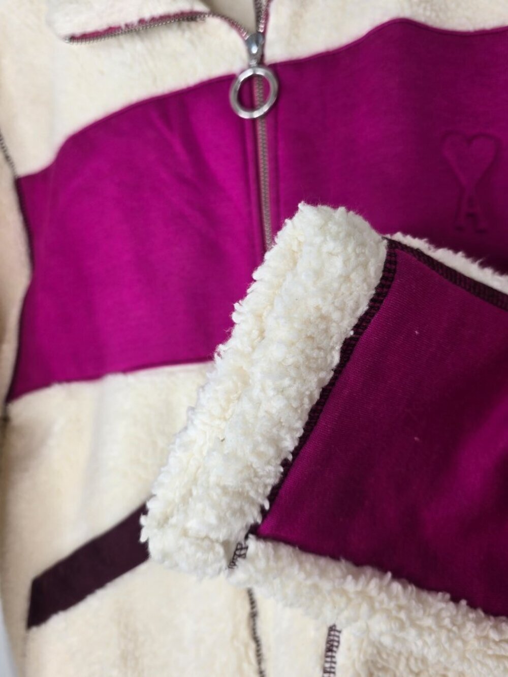 AMI Paris Ami de Cœur Faux Shearling Zipped Jacket Off White/Fuchsia Unisex - Picture 6 of 16